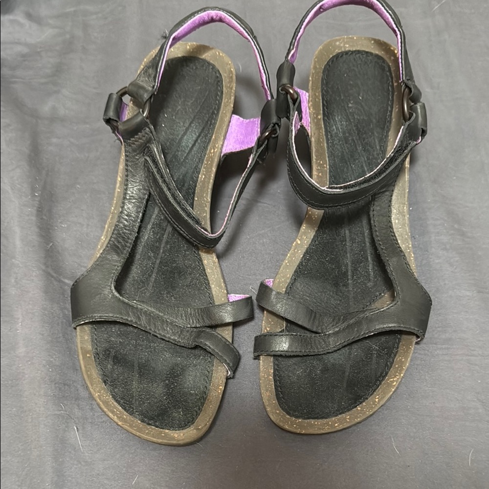 Teva Black Leather Outdoor Wedge Sandals with Adjustable Straps